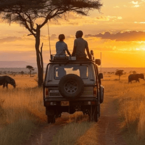 Photo of people in a safari vehicle on a game drive.