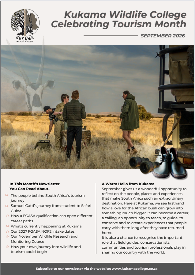 Kukama Wildlife College September 2026 Newsletter. Celebrating Tourism Month